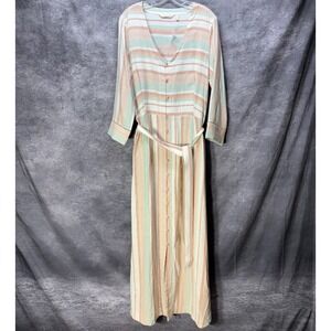 Soft Surroundings Linen Button Front Maxi Dress Size TXL Striped Pink Green Boho